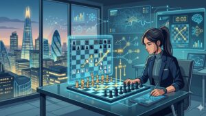Современная иллюстрация шахматной доски с акцентом на дебют Лондонская система для онлайн-сообщества.