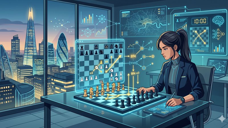 Современная иллюстрация шахматной доски с акцентом на дебют Лондонская система для онлайн-сообщества.