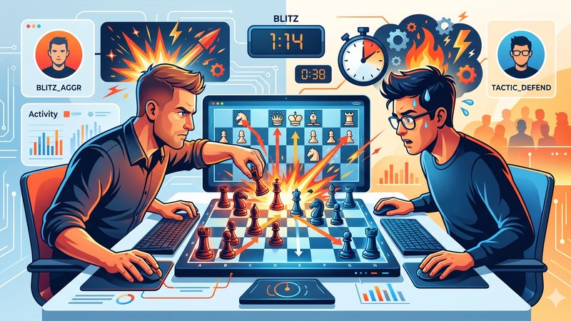 Стилизованная иллюстрация шахматной доски и фигур для статьи о психологии агрессивных дебютов в блице