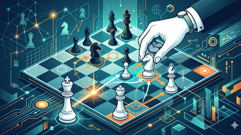 Современная иллюстрация шахматной доски с акцентом на фигуры для статьи о Испанской партии